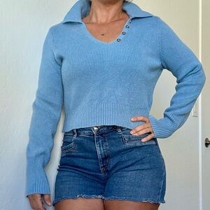 Happily Grey Blue Fitted Ribbed V-neck Sweater